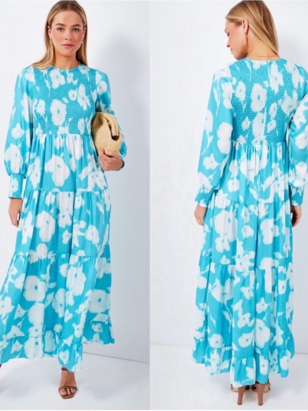 Tuckernuck Turquoise and White Floral Smocked Maxi Dress